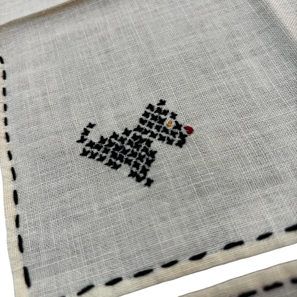Cocktail napkins (4) YELLOW cotton hand embroidery black Scottish Terriers